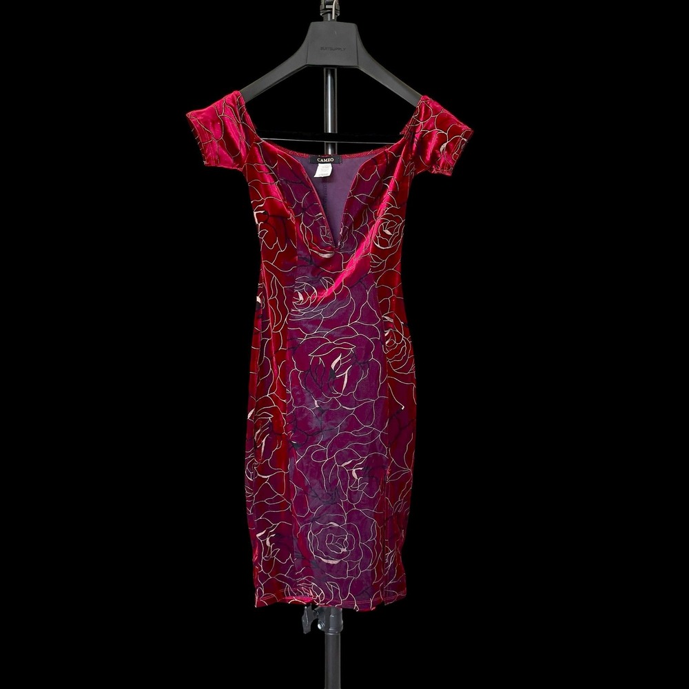 Y2K Cameo Burgundy Red Velvet Rose Floral V-Neck Midi Dress Side Slit Small